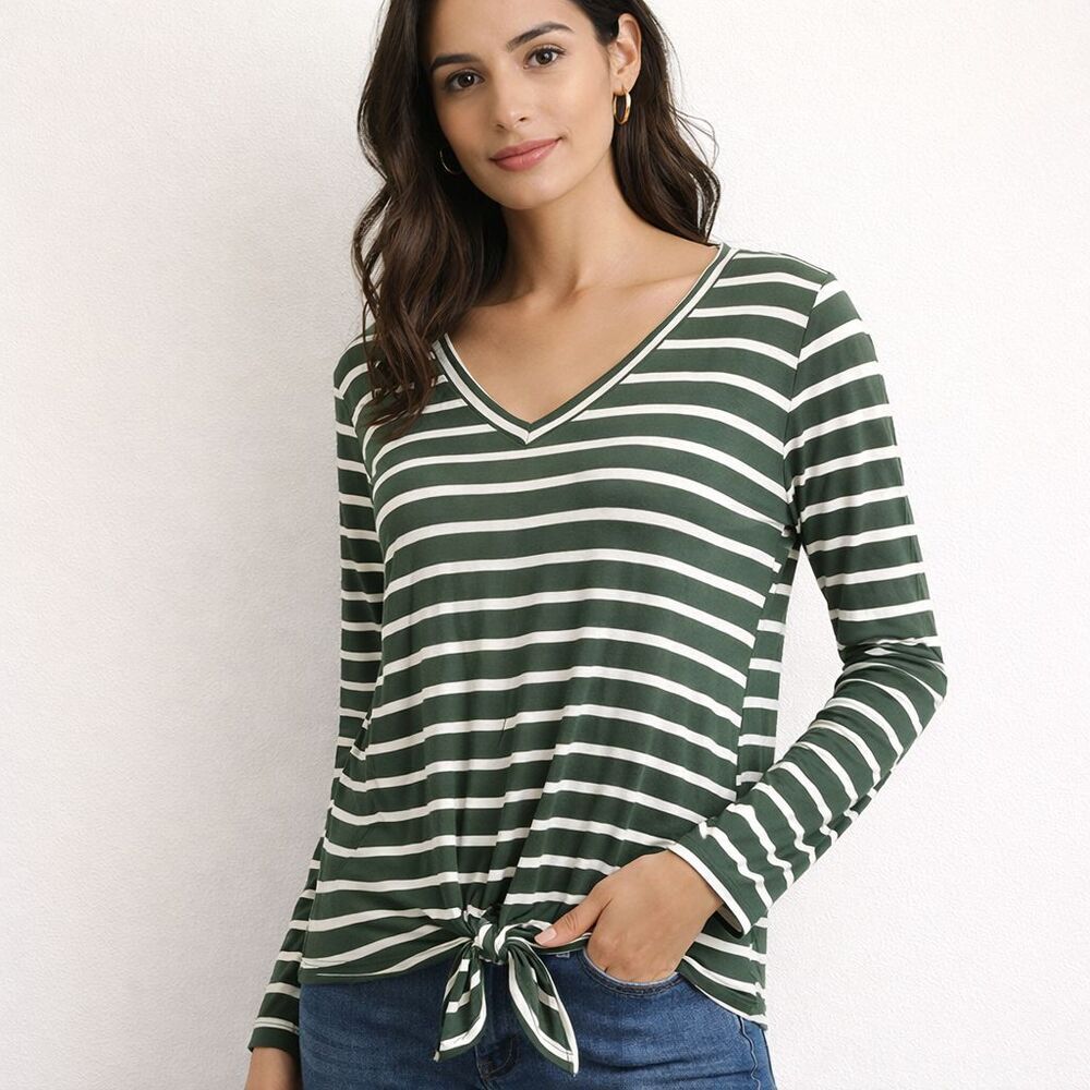 Signature Studio L Women Blouse Green White Stripe Long Sleeve Tie Front VNeck R